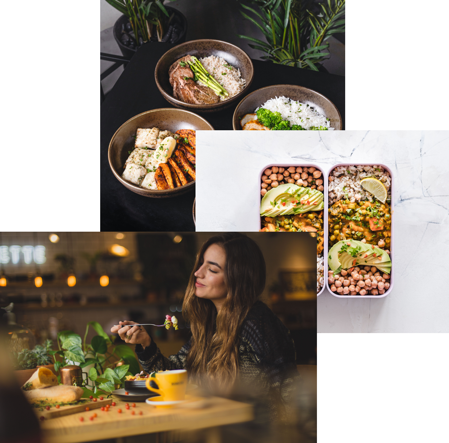 A laidy eating a dilecious Food and some healthy food photos